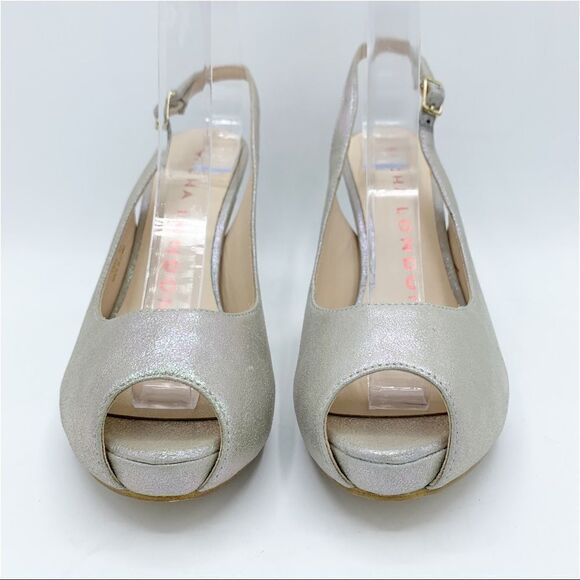 Lulu Townsend Tara Iridescent Silver Sling Back Peep Toe Platform Evening Heels - Picture 4 of 15